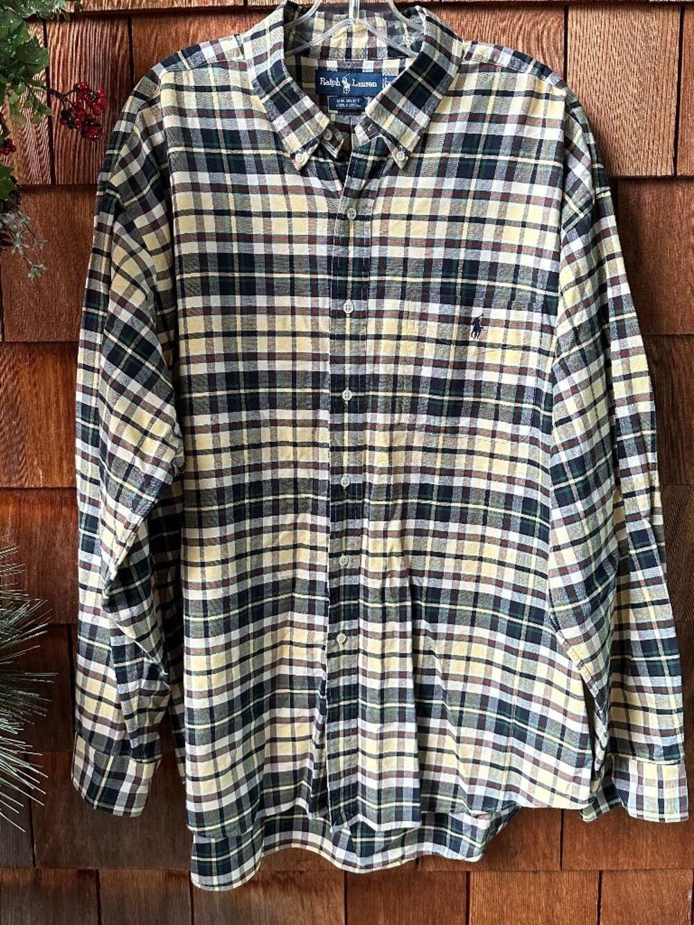 Like New Ralph Lauren Navy Blue/Yellow Cotton Plaid Big Shirt in Men's X-Large